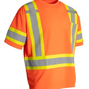 Hi-Vis Crew Neck Short Sleeve Safety Tee Shirt with Chest Pocket and Arm Bands