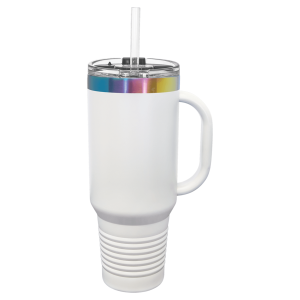 Polar Camel 40 oz. White/Prism ION-Plated Travel Mug with Handle, Straw Included - LTM7486 - Image 2