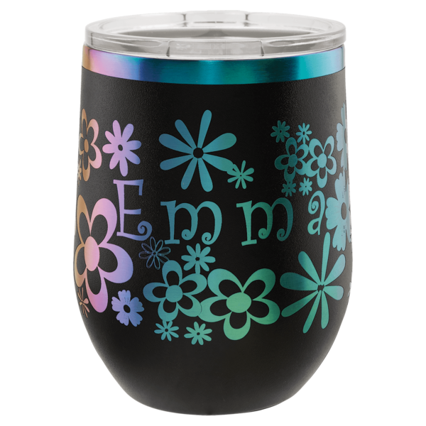 Polar Camel 12 oz. Black/Prism ION-Plated Stemless Wine Tumbler with Lid - LTM890