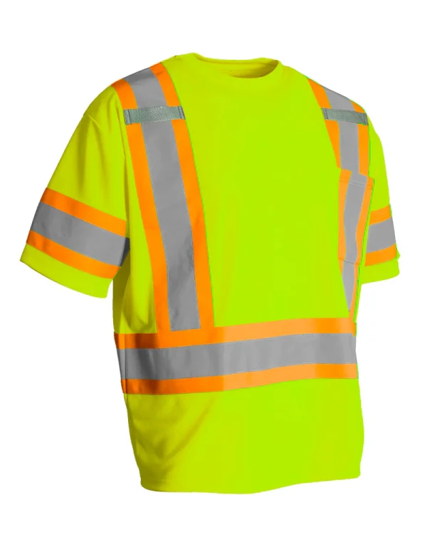 Hi Vis Crew Neck Short Sleeve Safety Tee Shirt with Chest Pocket and Arm Bands - 022-CBECSP