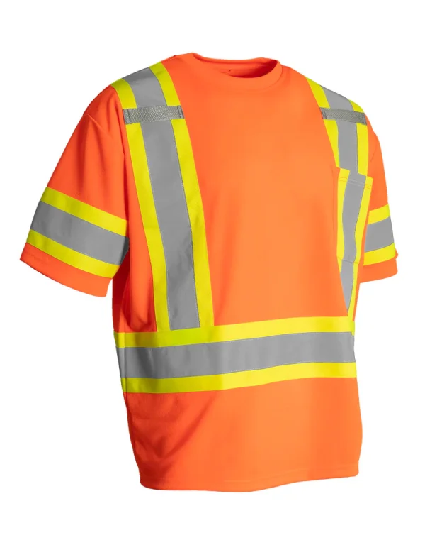 Hi Vis Crew Neck Short Sleeve Safety Tee Shirt with Chest Pocket and Arm Bands - 022-CBECSP - Image 5