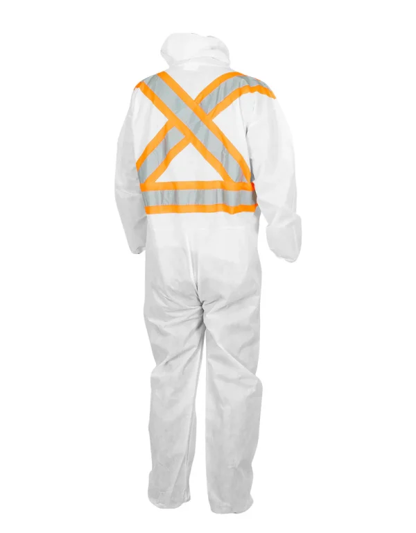 White Disposable SMS Coverall with Hood and Reflective Tape - 024-SMSHV - Image 2