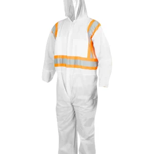 White Disposable SMS Coverall with Hood and Reflective Tape - 024-SMSHV