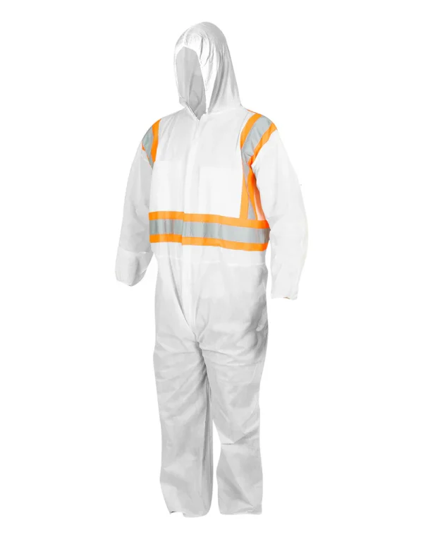 White Disposable SMS Coverall with Hood and Reflective Tape - 024-SMSHV