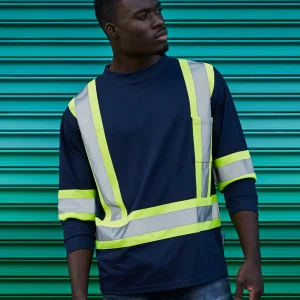 Hi Vis Crew Neck Long Sleeve Safety Tee with Chest Pocket - 022-CBECSA