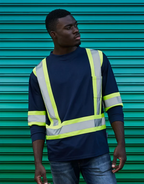 Hi Vis Crew Neck Long Sleeve Safety Tee with Chest Pocket - 022-CBECSA
