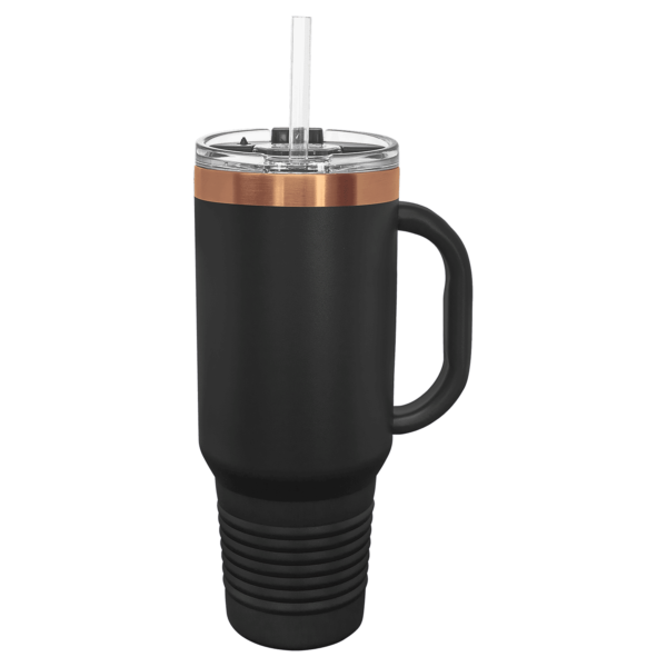 Polar Camel 40 oz. Black/Rose Gold ION-Plated Travel Mug with Handle, Straw Included - LTM7470 - Image 2