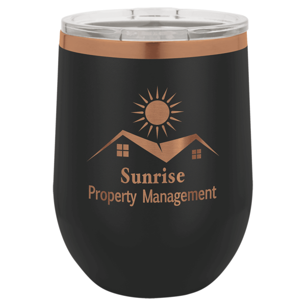 Polar Camel 12 oz. Black/Rose Gold ION-Plated Stemless Wine Tumbler with Lid - LTM880